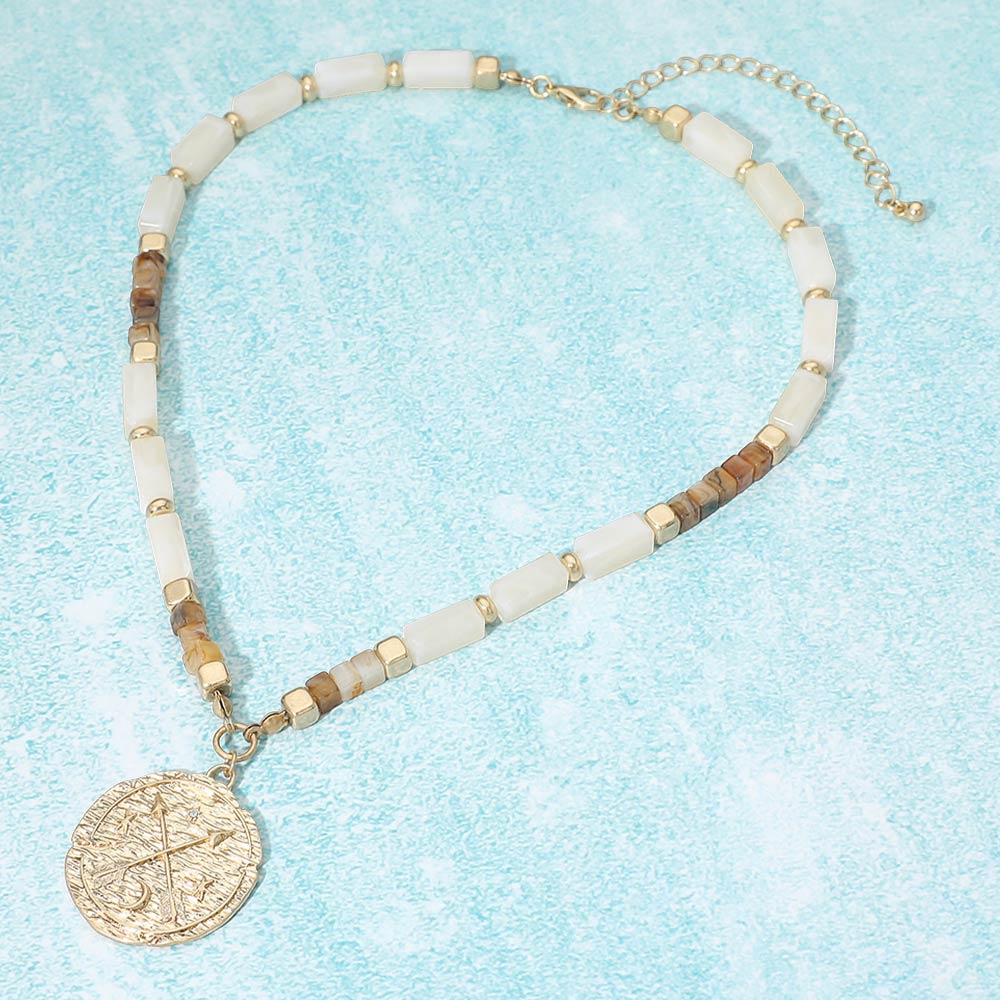 Textured Zodiac Coin Pendant Beaded Necklace