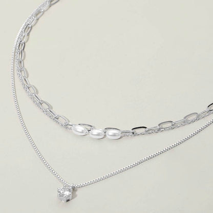 Stone Cluster Pendant Accent Pearl Beaded Paperclip Chain Layered Necklace