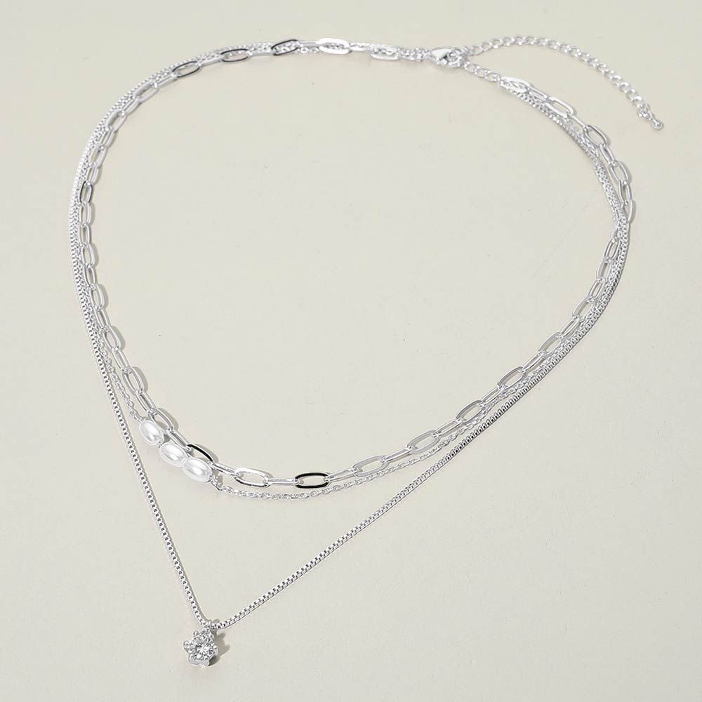 Stone Cluster Pendant Accent Pearl Beaded Paperclip Chain Layered Necklace