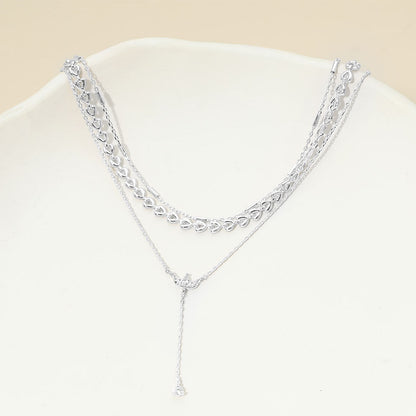 White Gold Dipped Marquise Stone Cluster Triangle Cluster Lariat Drop Accent Mixed Chain Layered Necklace