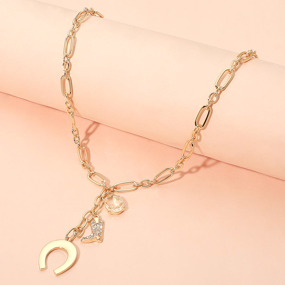 Horseshoe Cowboy Boot Pearl Charm Drop Paperclip Chain Necklace