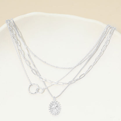 White Gold Dipped Oval Sunburst Charm Accent Mixed Chain Layered Necklace