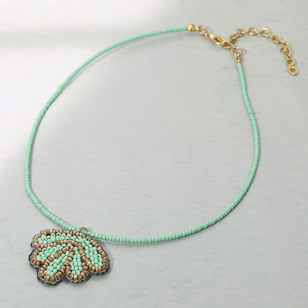 Felt Back Seed Beaded Shell Pendant Necklace
