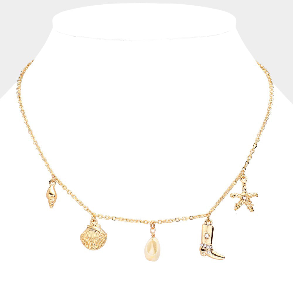 Shell Western Boots Starfish Charm Station Necklace