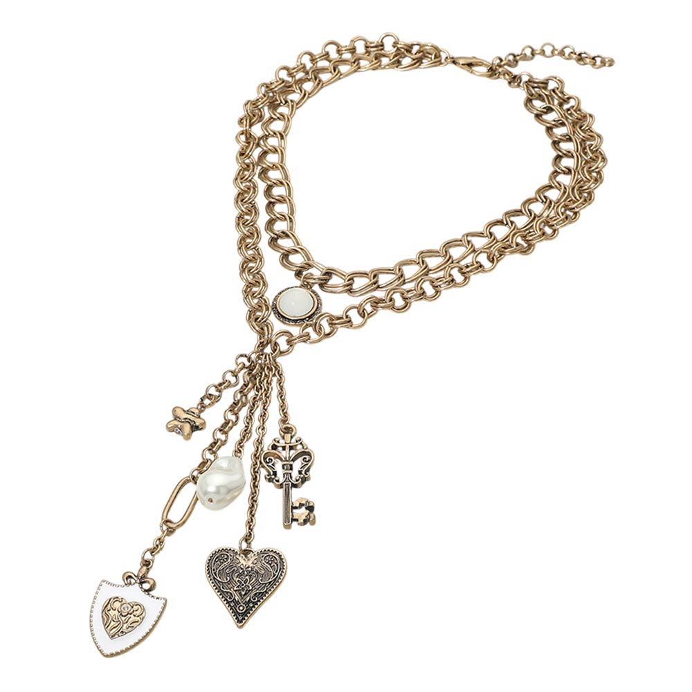 Vintage Heart Pearl Key Flower Charm Drop Layered Statement Necklace