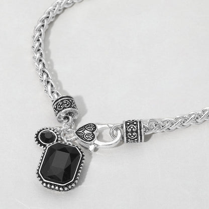 Rectangular Stone Pendant Antique Metal Necklace