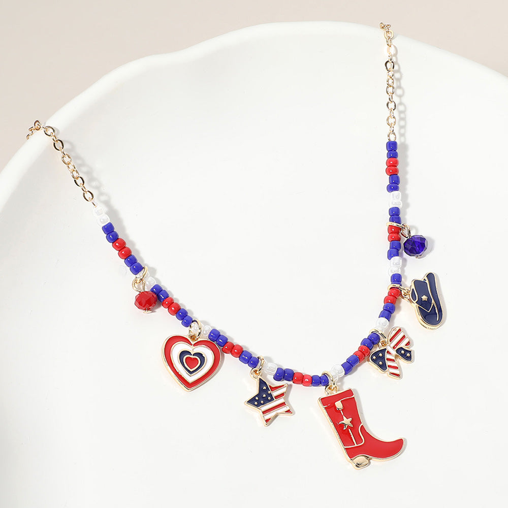 Collar de cuentas con dije de corazón, estrella, lazo, sombrero, bota vaquera de la bandera estadounidense de EE. UU. de esmalte