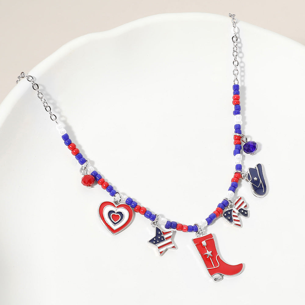 Collar de cuentas con dije de corazón, estrella, lazo, sombrero, bota vaquera de la bandera estadounidense de EE. UU. de esmalte