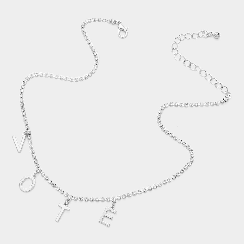 Metal VOTE Initial Message Station Rhinestone Chain Necklace