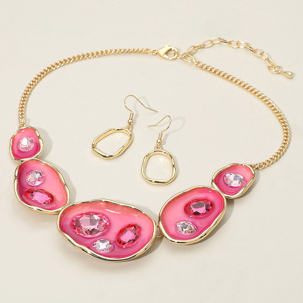 Abstract Gemstone Embellished Enamel Oval Plate Link Statement Necklace