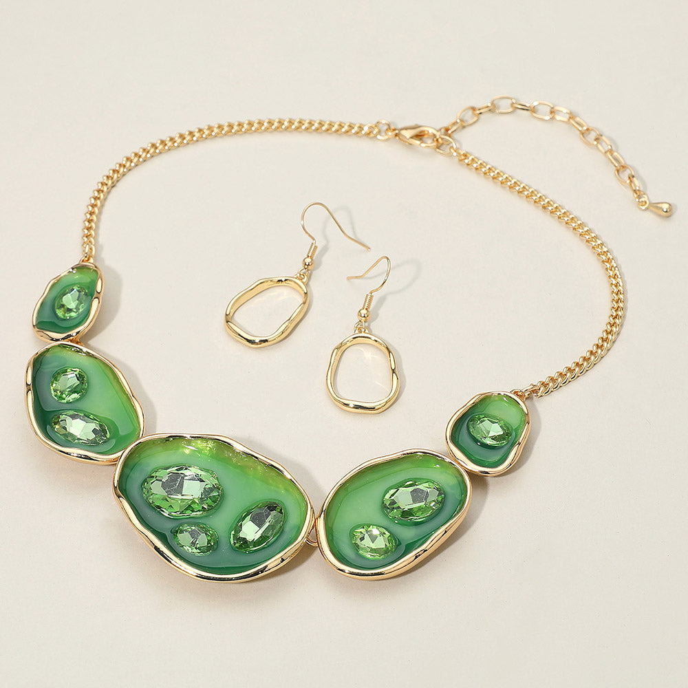 Abstract Gemstone Embellished Enamel Oval Plate Link Statement Necklace