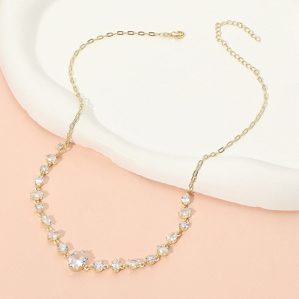 Stainless Steel Faceted Mixed Shape Gem Link Necklace