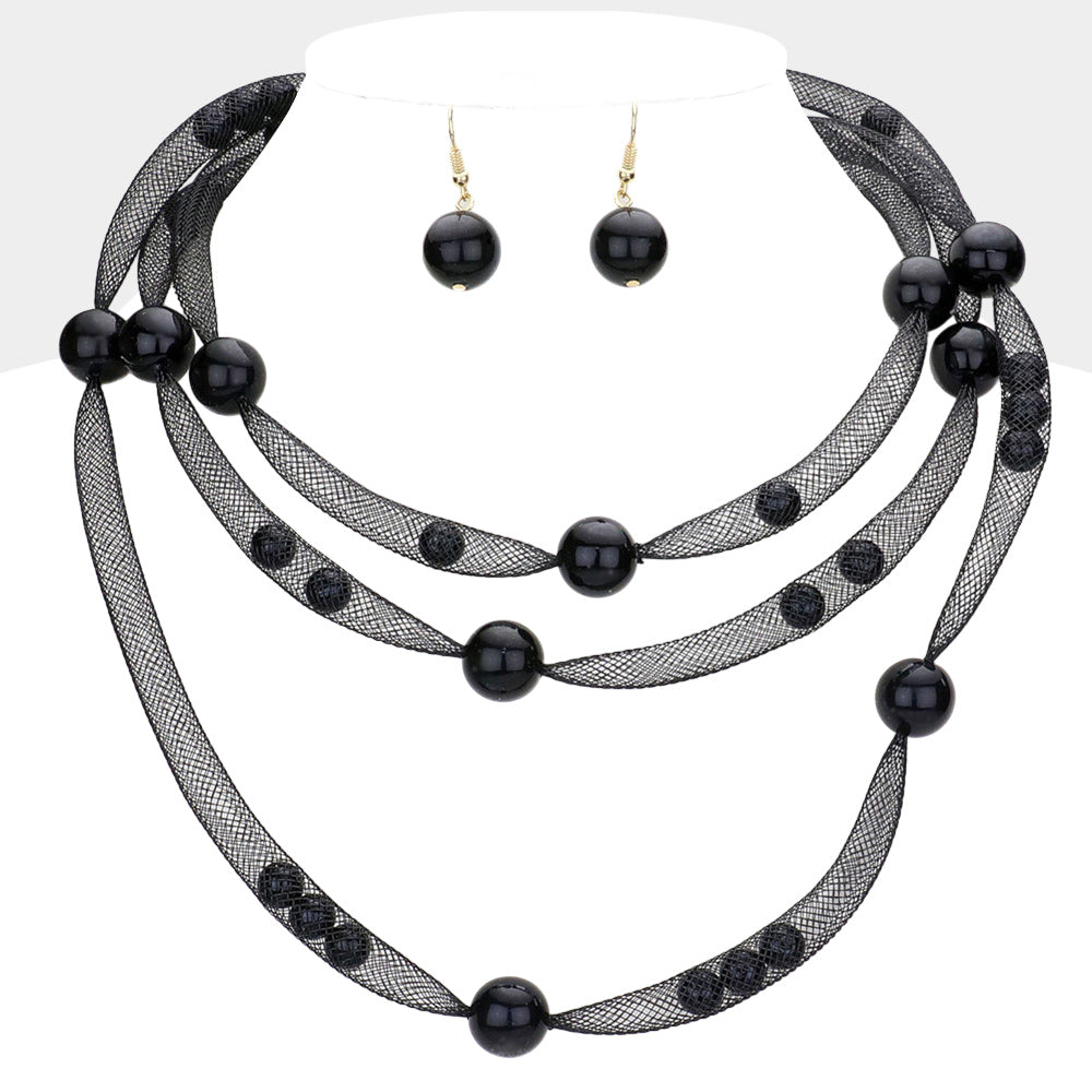 Pearl Accented Triple Layered Mesh Bib Necklace