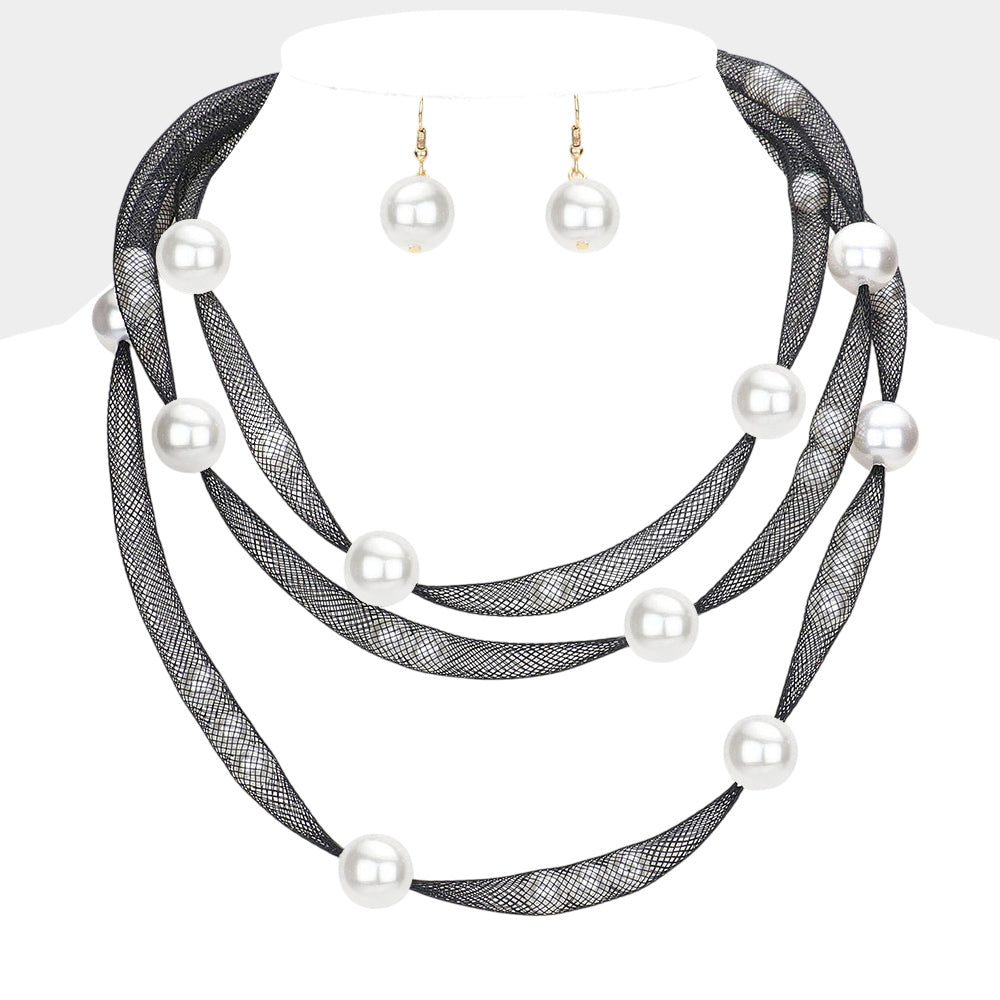 Pearl Accented Triple Layered Mesh Bib Necklace