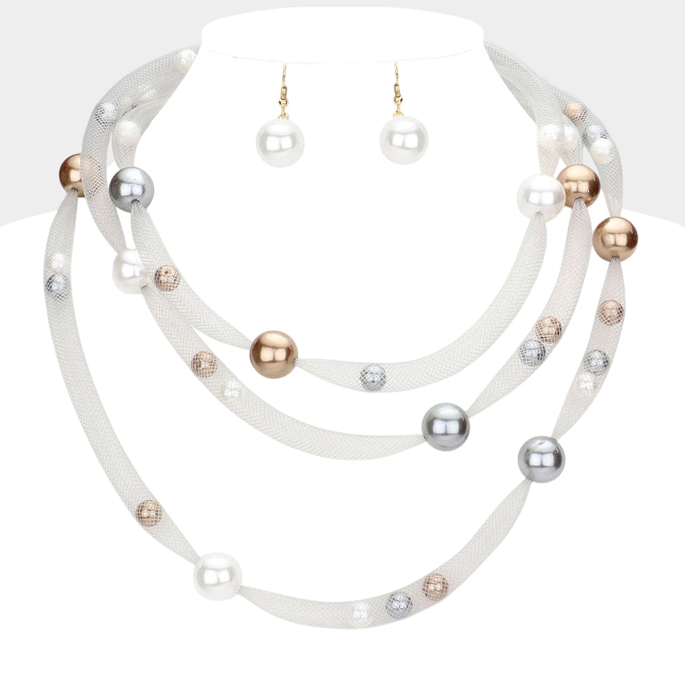 Pearl Accented Triple Layered Mesh Bib Necklace