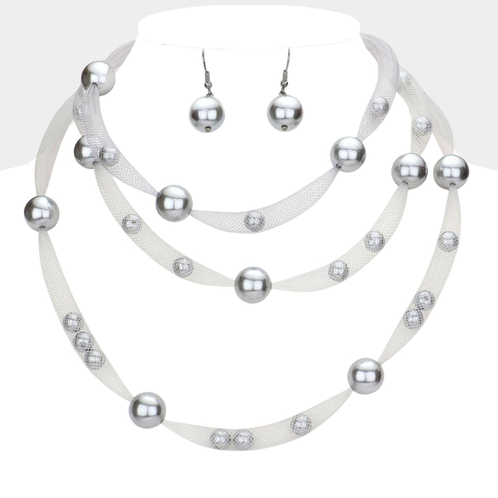Pearl Accented Triple Layered Mesh Bib Necklace