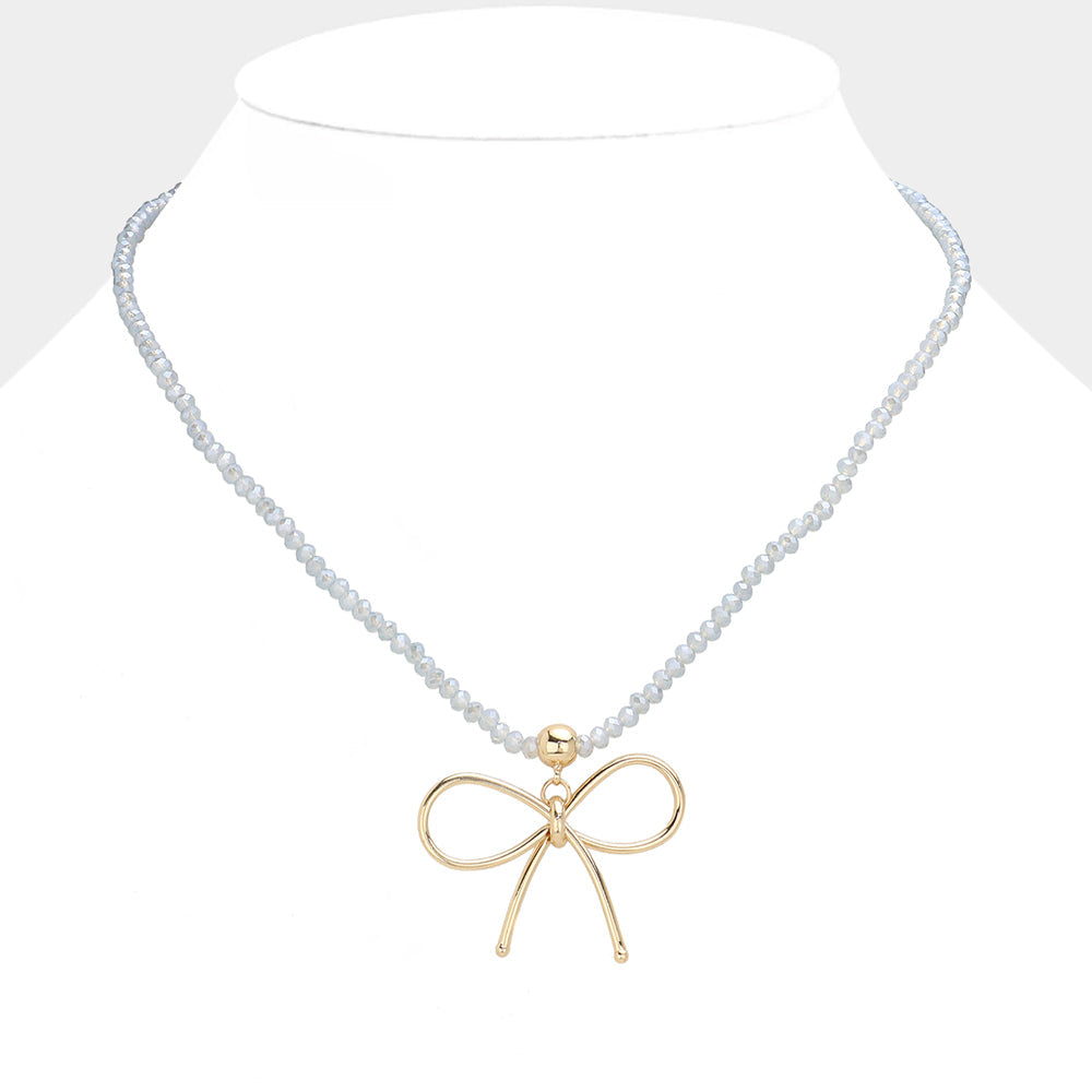 Faceted Beaded Brass Metal Wire Bow Pendant Necklace