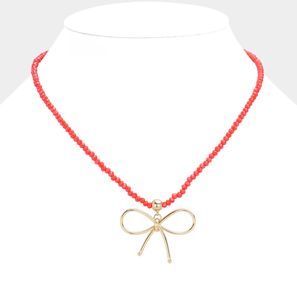 Faceted Beaded Brass Metal Wire Bow Pendant Necklace