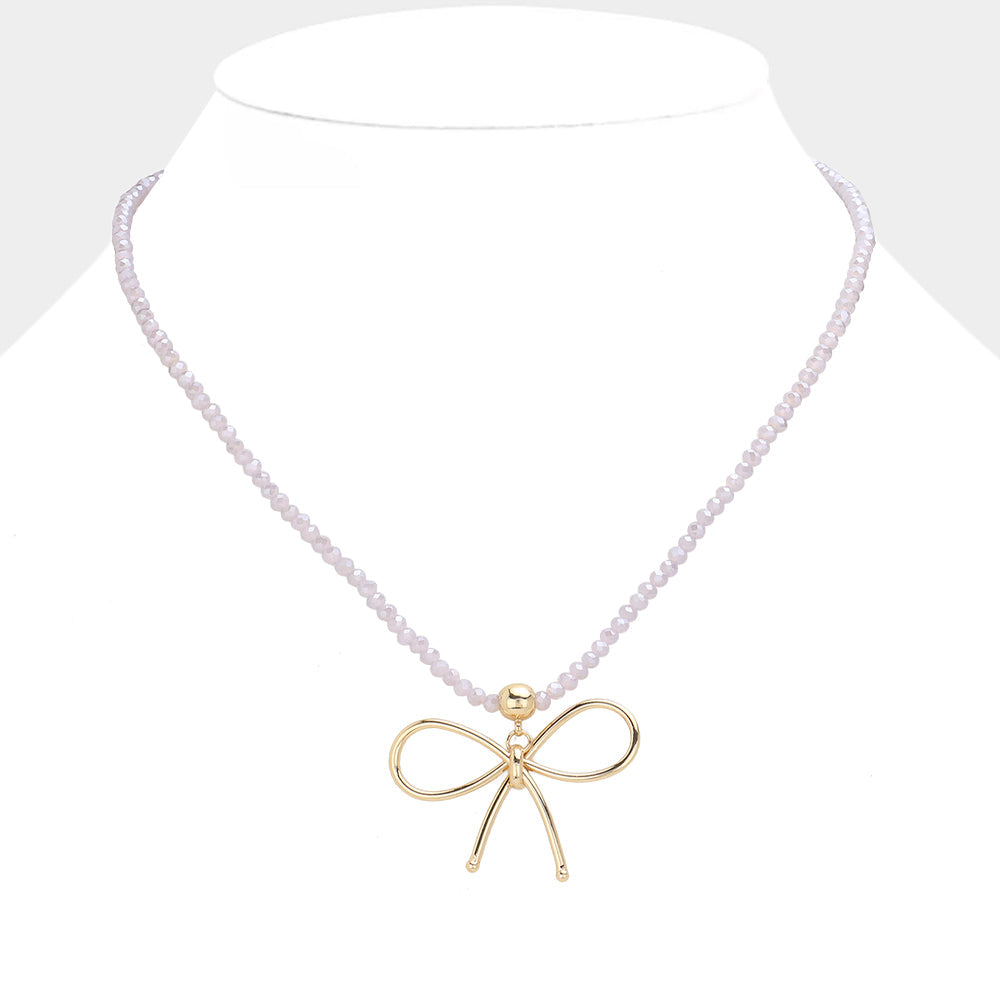 Faceted Beaded Brass Metal Wire Bow Pendant Necklace