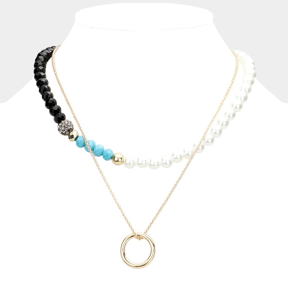 Open Metal Circle Pendant Pearl Shamballa Ball Faceted Beaded Necklace