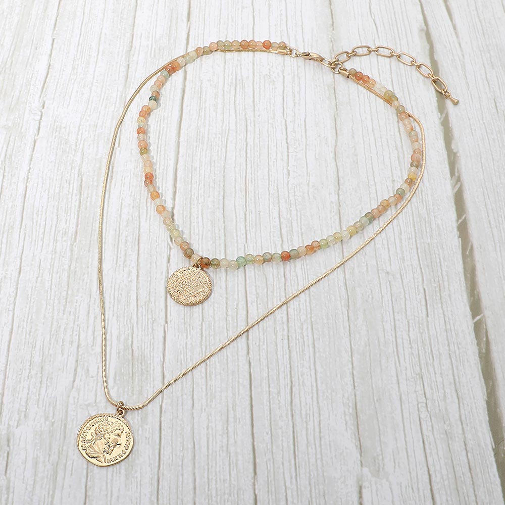 Layered Coin Pendant Beaded Necklace