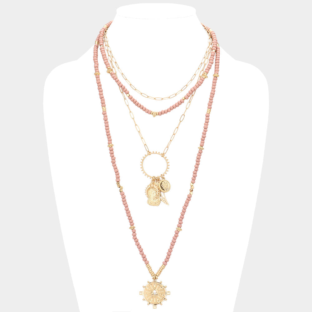 Double Horn Evil Eye Centered Pendant Wood Beaded Multi Layered Necklace