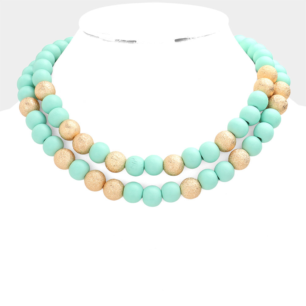 Mardi Gras Brass Metal Wood Ball Double Layered Necklace