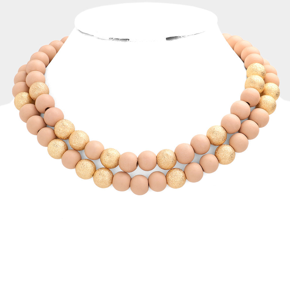 Mardi Gras Brass Metal Wood Ball Double Layered Necklace