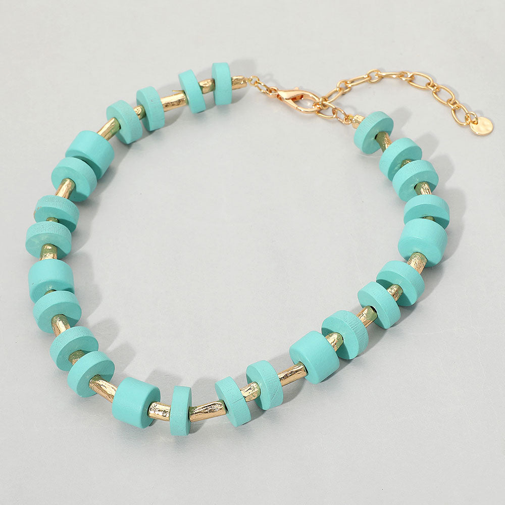 Wooden Stacked Disc Textured Metal Bar Beaded Statement Necklace