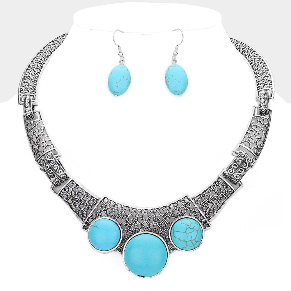 Antique Metal Natural Stone Accented Filigree Collar Necklace