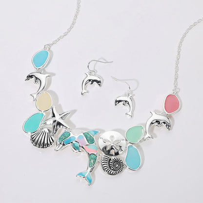 Sea Glass Dolphin Metal Seashell Sand Dollar Starfish Embellished Necklace