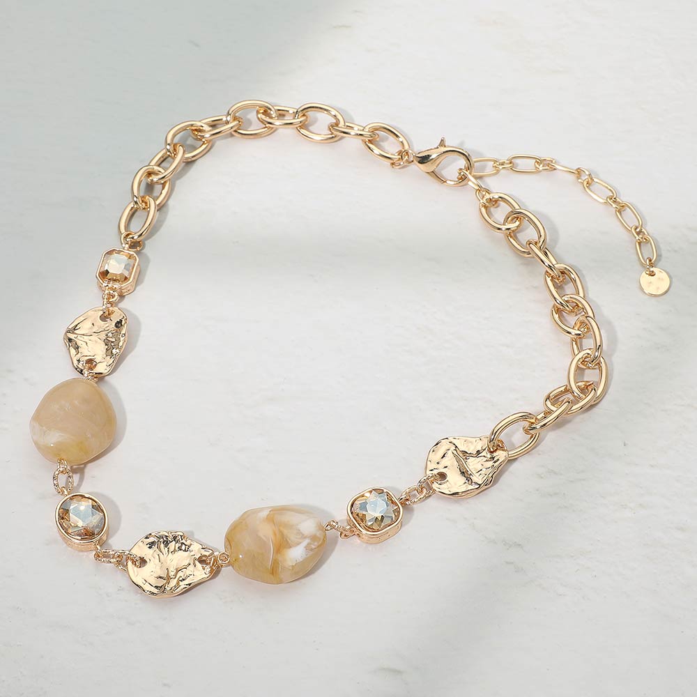Marbled Resin Pebble Hammered Metal Plate Stone Cluster Link Necklace