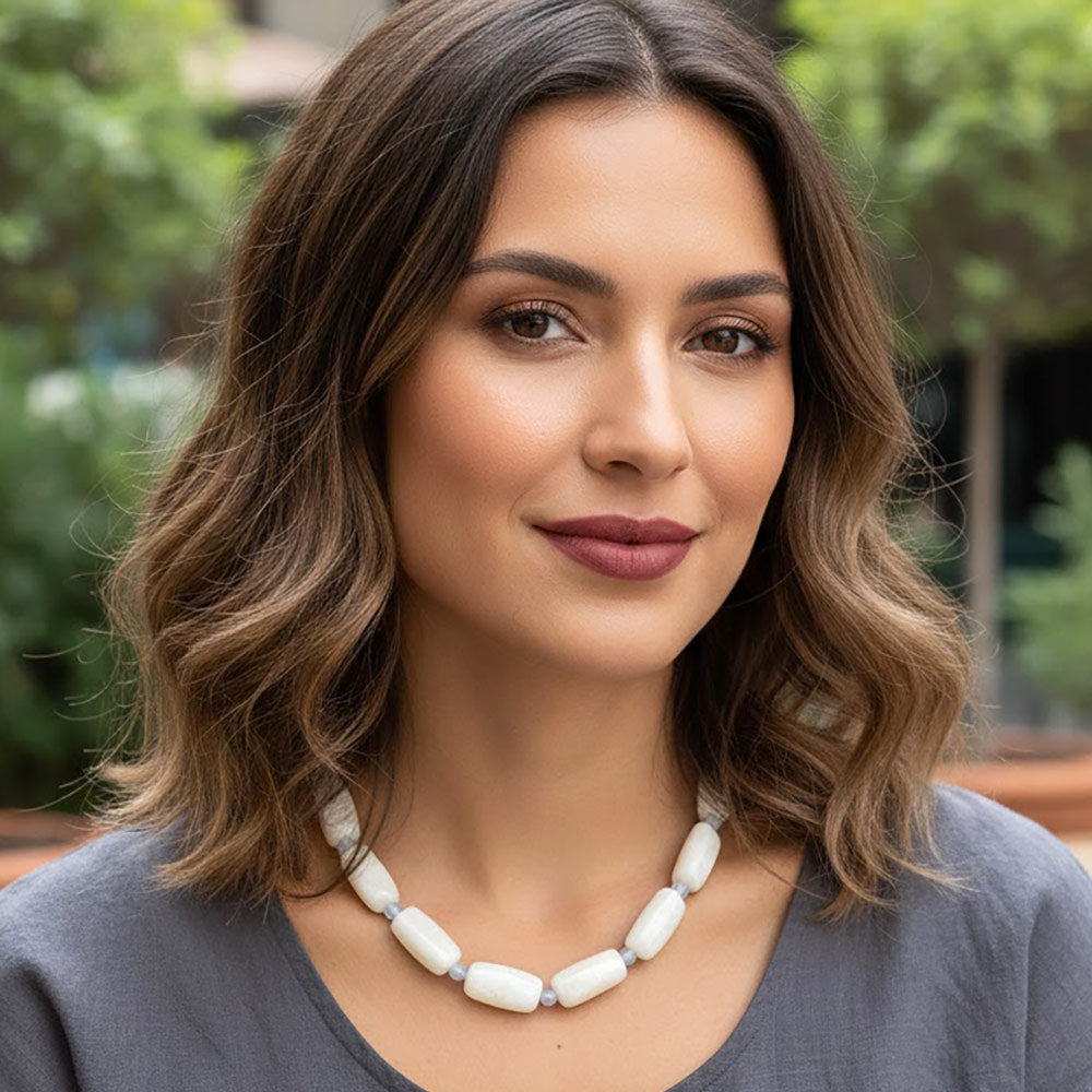 Chunky Rectangular Marbled Resin Beaded Statement Necklace
