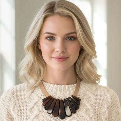 Resin Long Teardrop Plate Faux Leather Statement Necklace