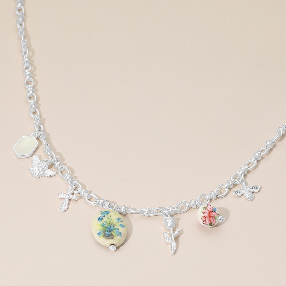 Vintage Floral Ceramic Charm Metal Angel Flower Stem Honey Bee Charm Station Necklace