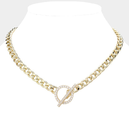 14K Gold Plated CZ Stone Paved Toggle Necklace
