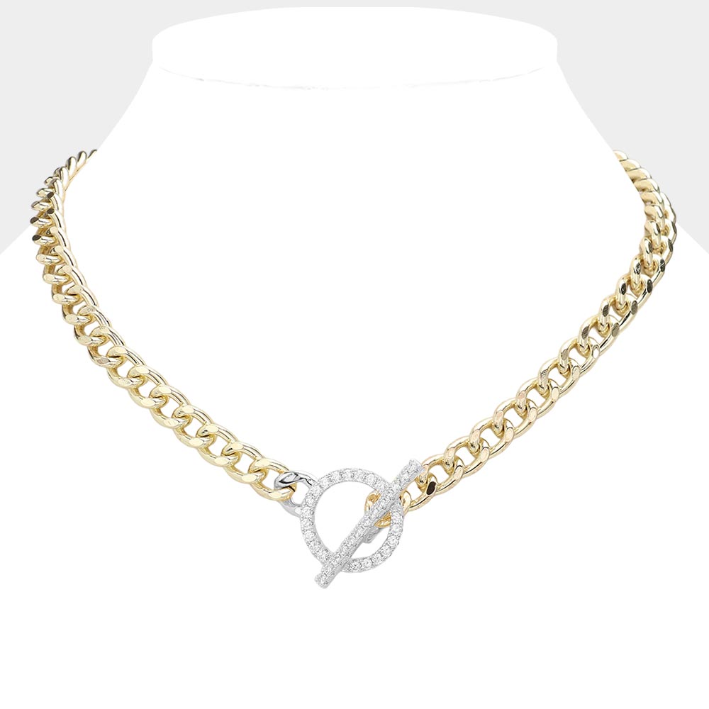 14K Gold Plated CZ Stone Paved Toggle Necklace