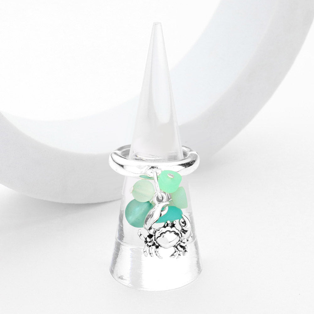Sea Glass Metal Crab Dangle Stretch Ring