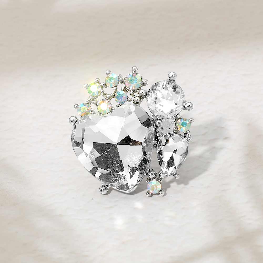 Heart Crystal Cluster Embellished Statement Stretch Ring