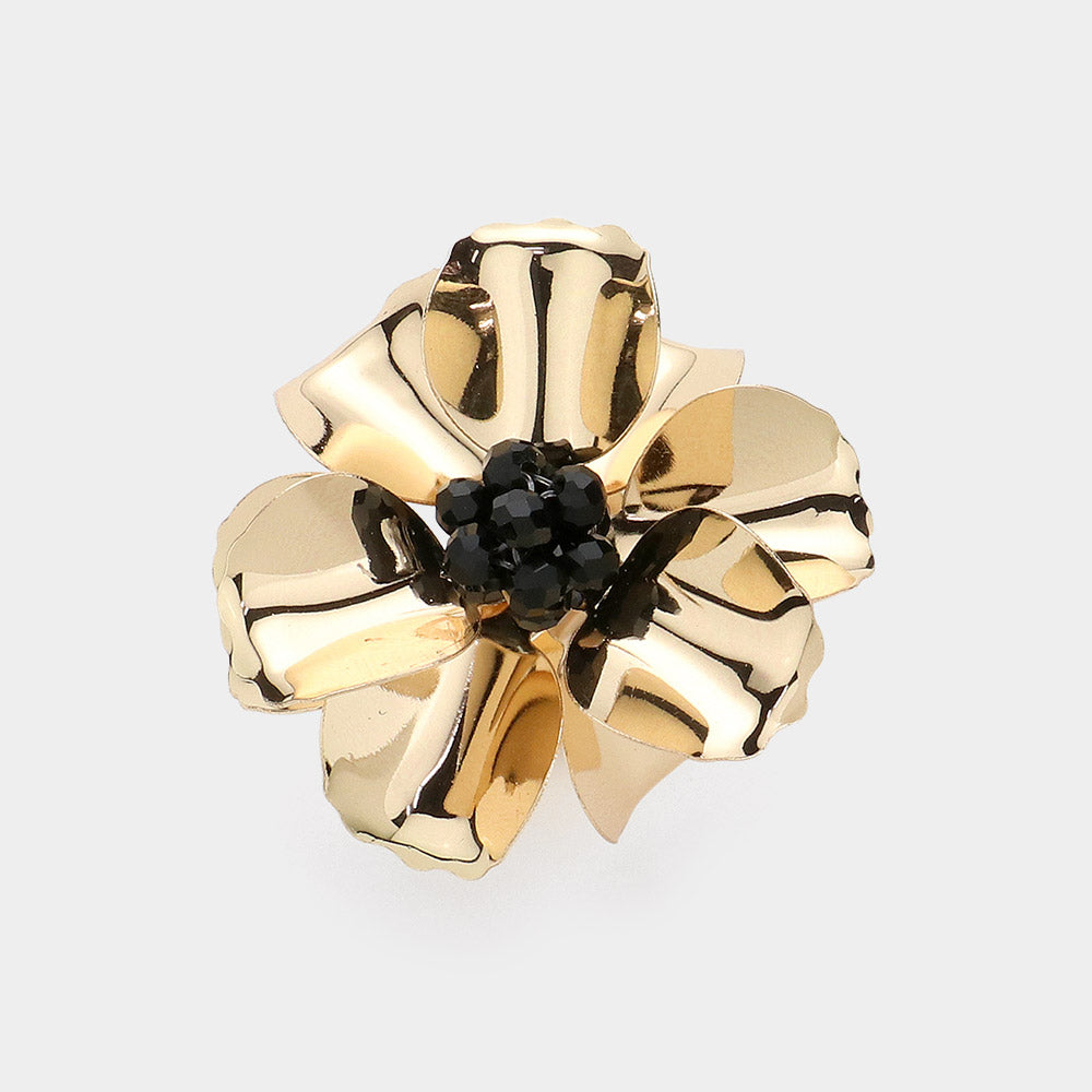 Beaded Ball Center Metal Petal Flower Adjustable Ring