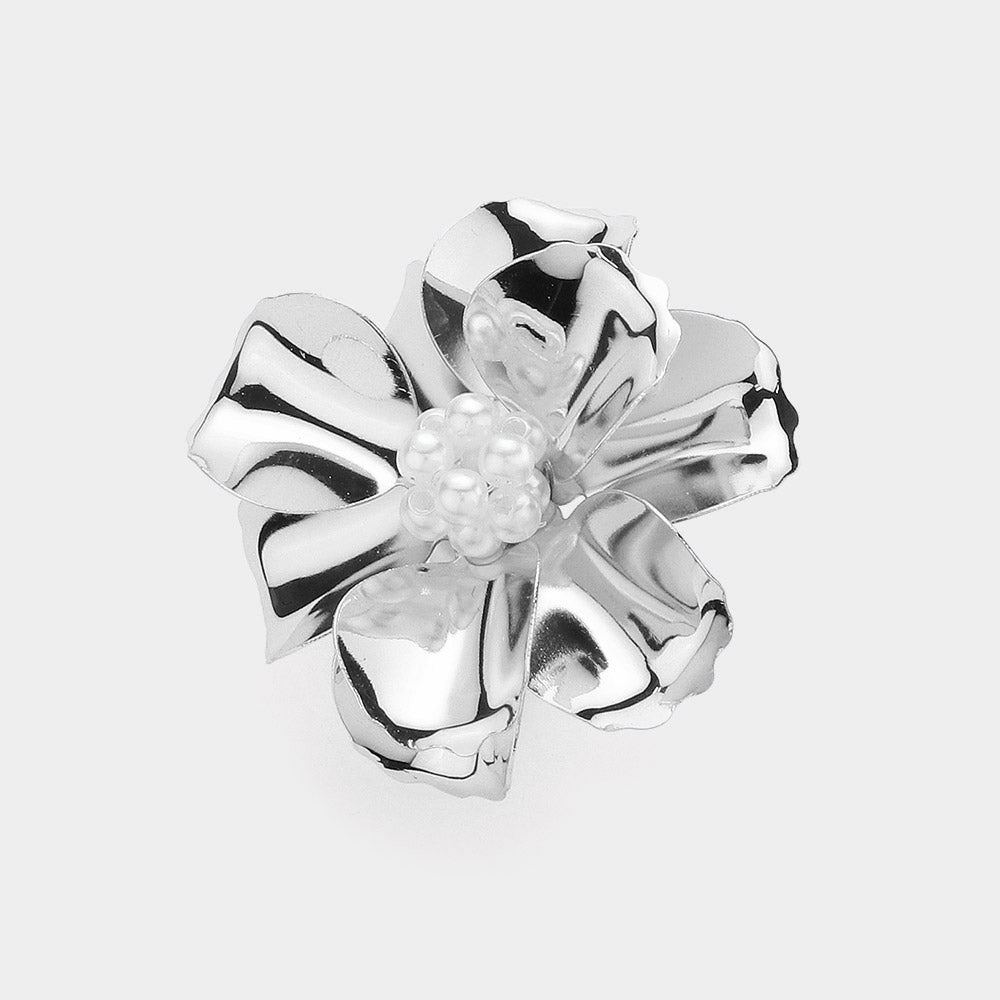 Beaded Ball Center Metal Petal Flower Adjustable Ring