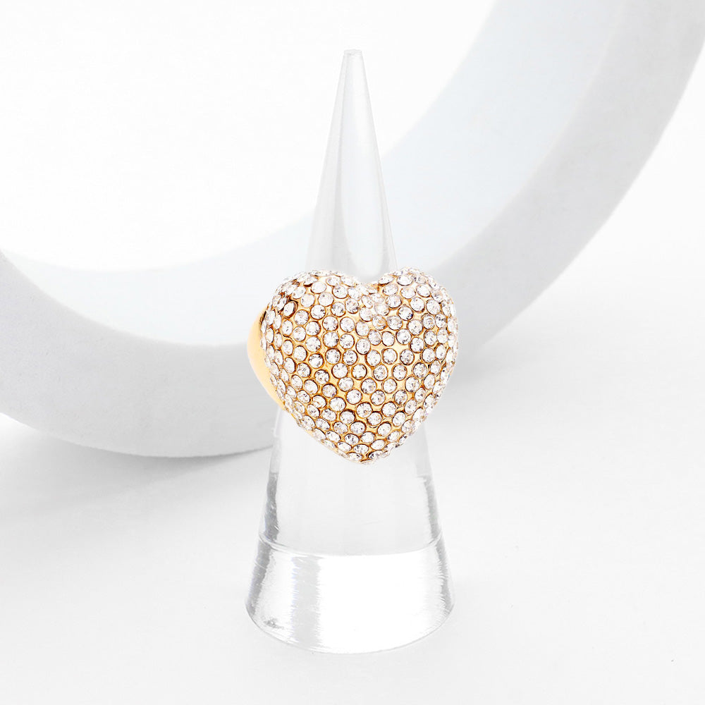 Anillo elástico pavé de cristal de corazón con diamantes de imitación