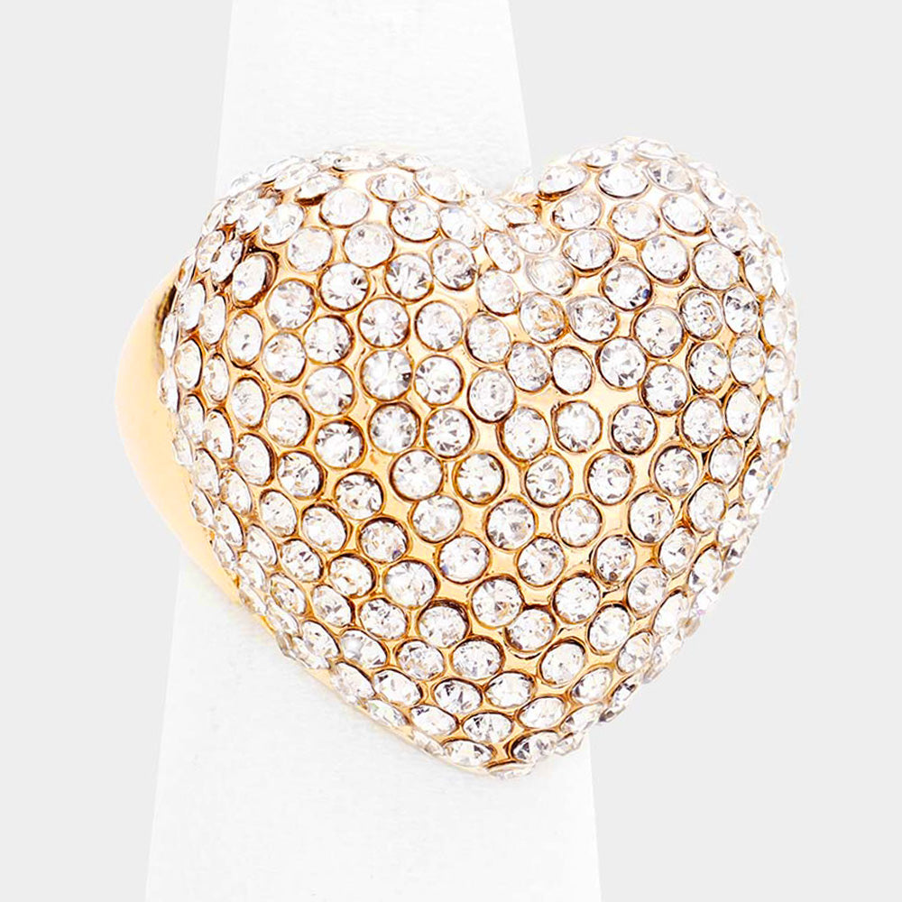 Anillo elástico pavé de cristal de corazón con diamantes de imitación