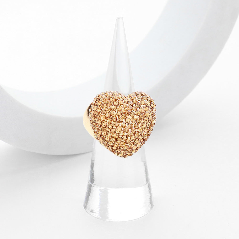 Anillo elástico pavé de cristal de corazón con diamantes de imitación
