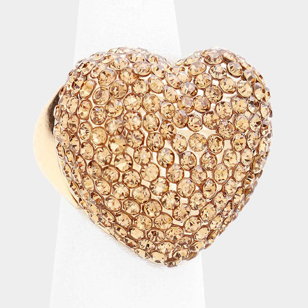 Anillo elástico pavé de cristal de corazón con diamantes de imitación