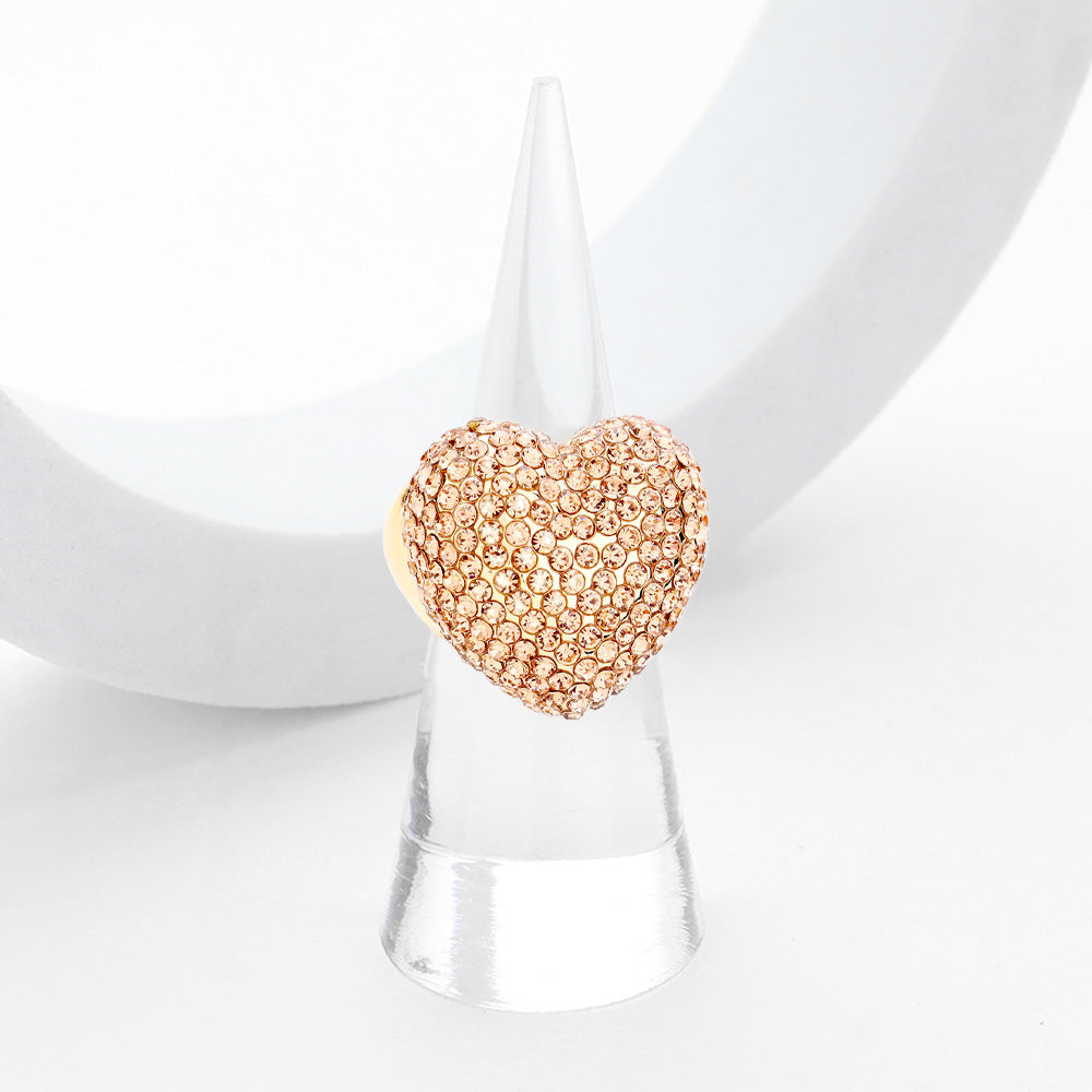 Anillo elástico pavé de cristal de corazón con diamantes de imitación