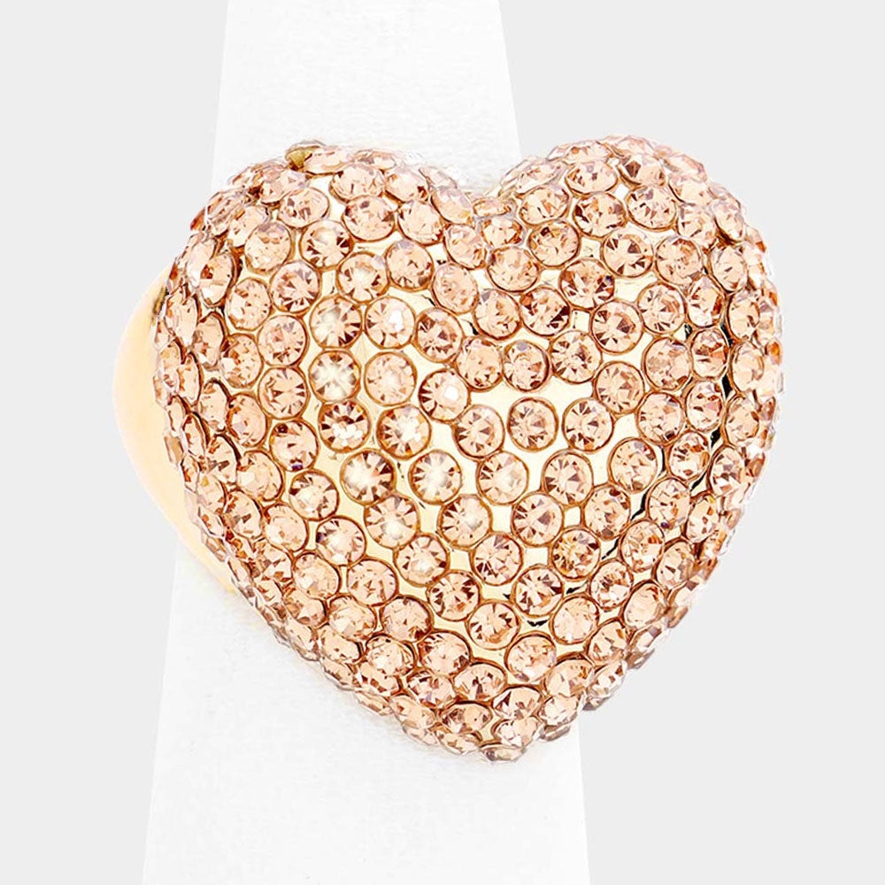 Anillo elástico pavé de cristal de corazón con diamantes de imitación