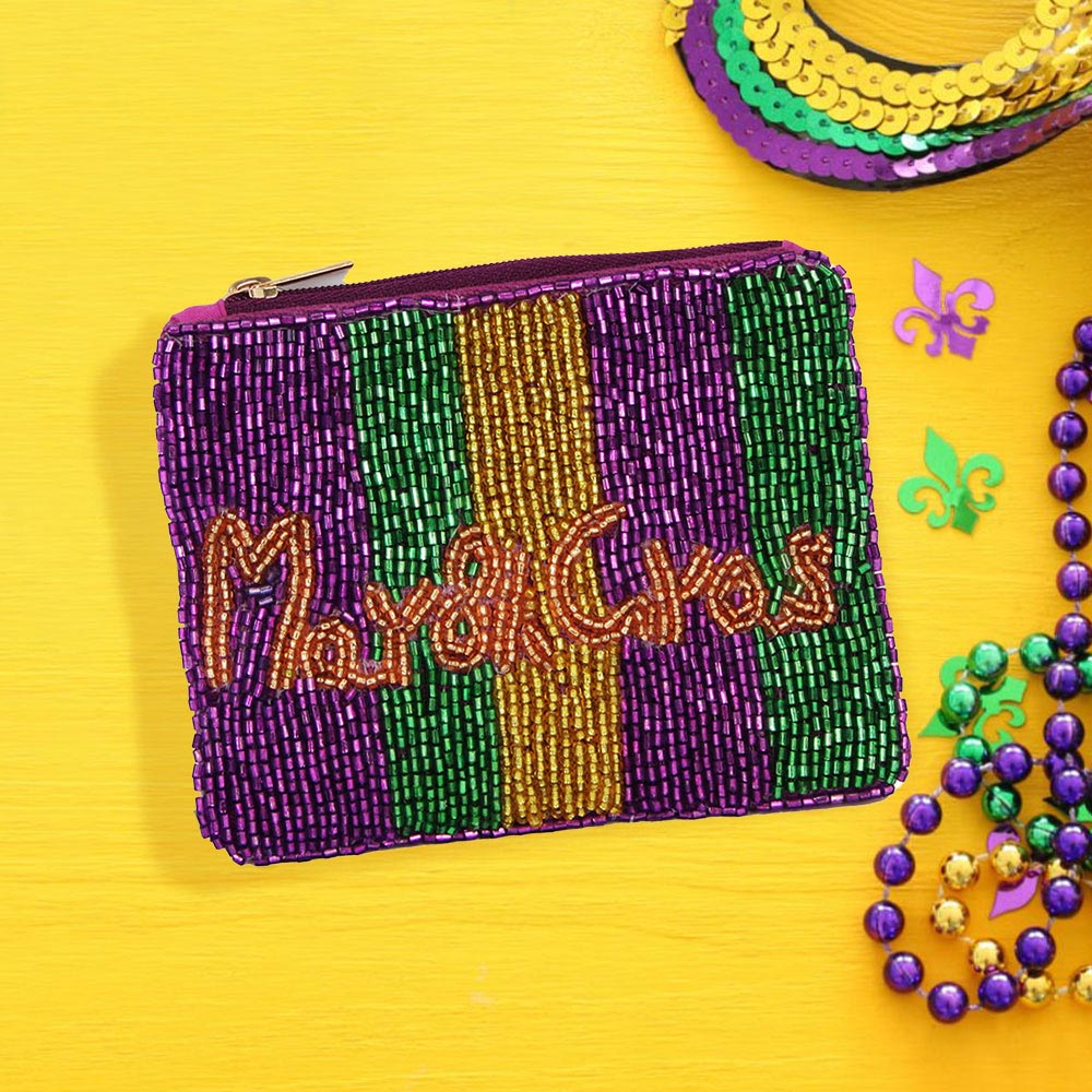 Women's Mardi Gras Message Seed Beaded Mini Pouch Bag Clutch