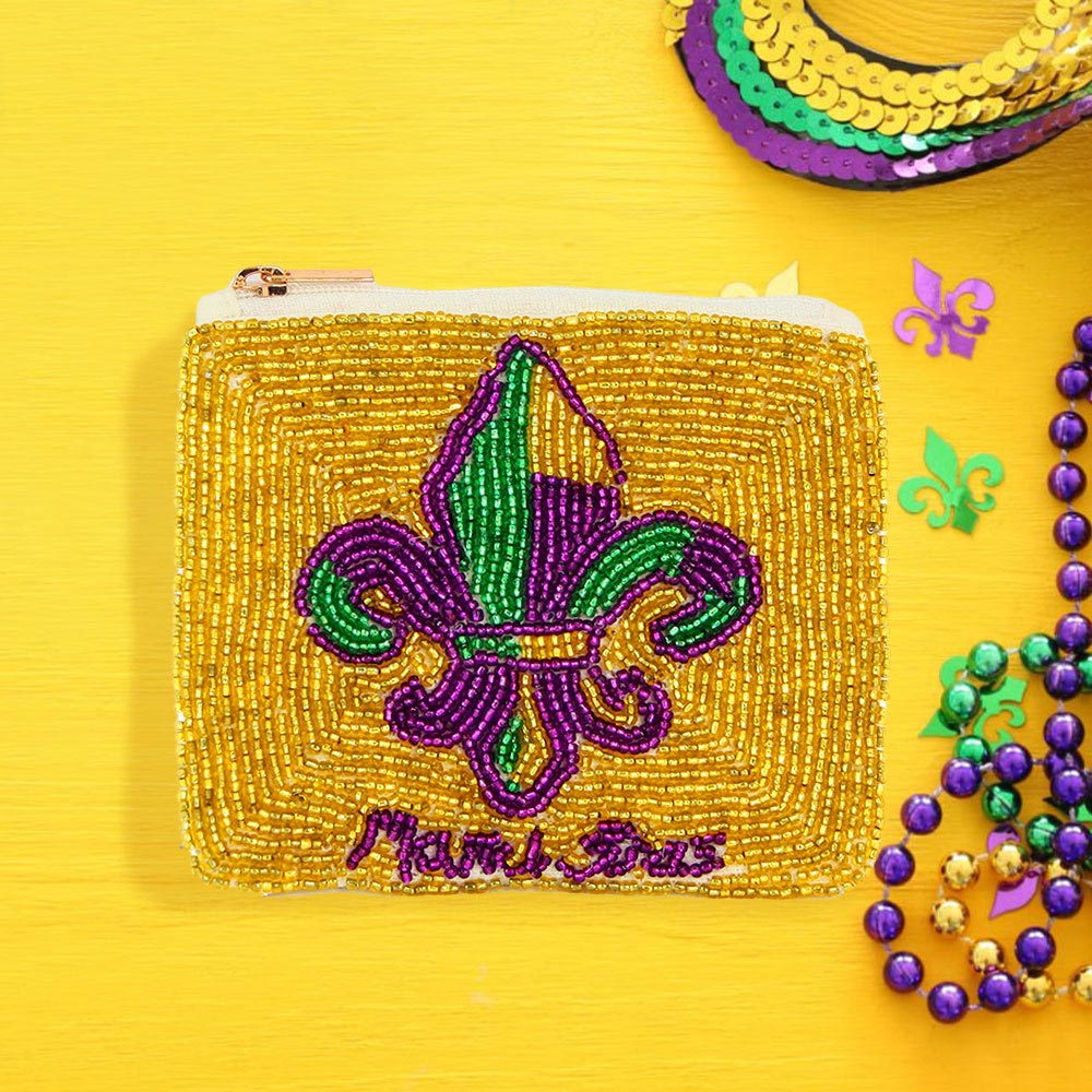 Fleur de Lis Mardi Gras Message Seed Beaded Mini Pouch Bag