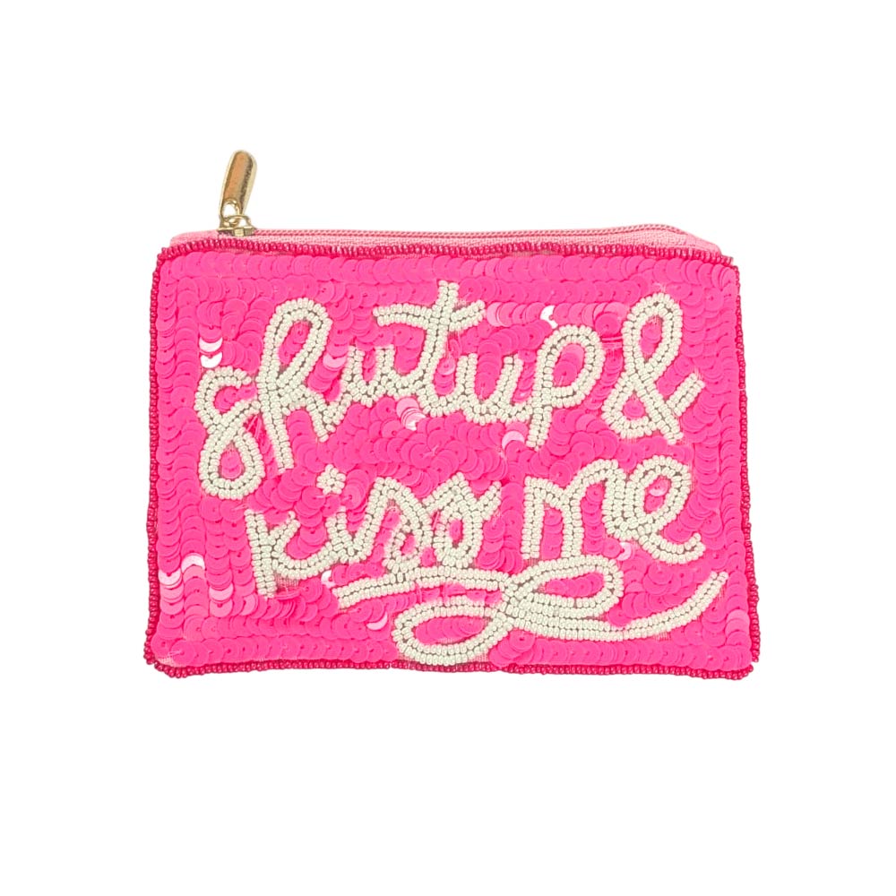 SHUT UP AND KISS ME Message Sequin Seed Beaded Mini Pouch Bag